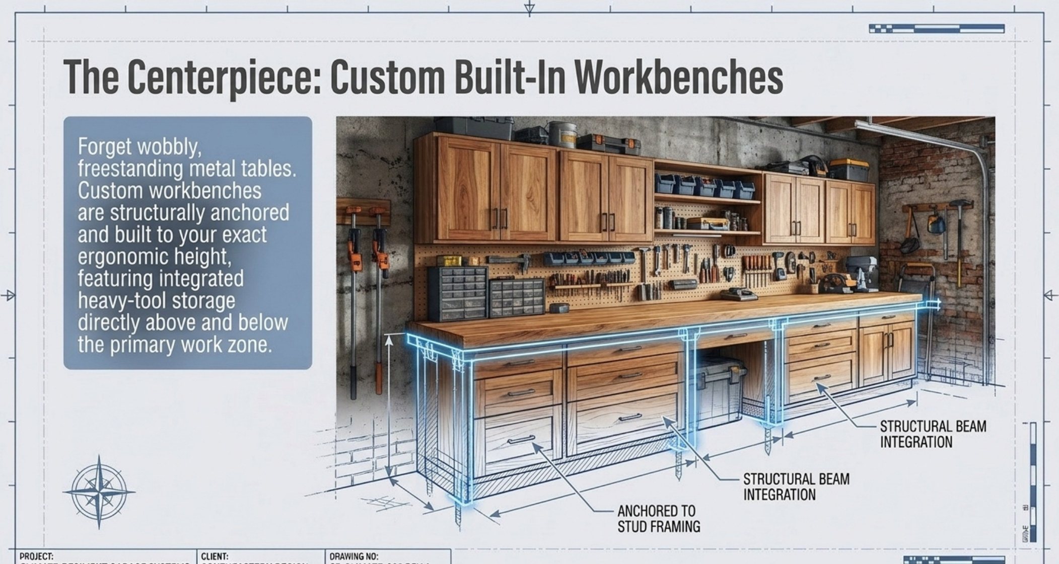 The Centerpiece: Custom Built-In Workbenches slide showing structural beam integration and anchoring to stud framing