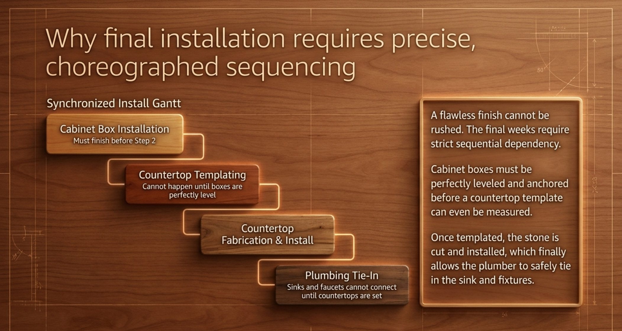 Synchronized install Gantt slide showing cabinet box installation, countertop templating, countertop fabrication and install, and plumbing tie-in with their dependencies