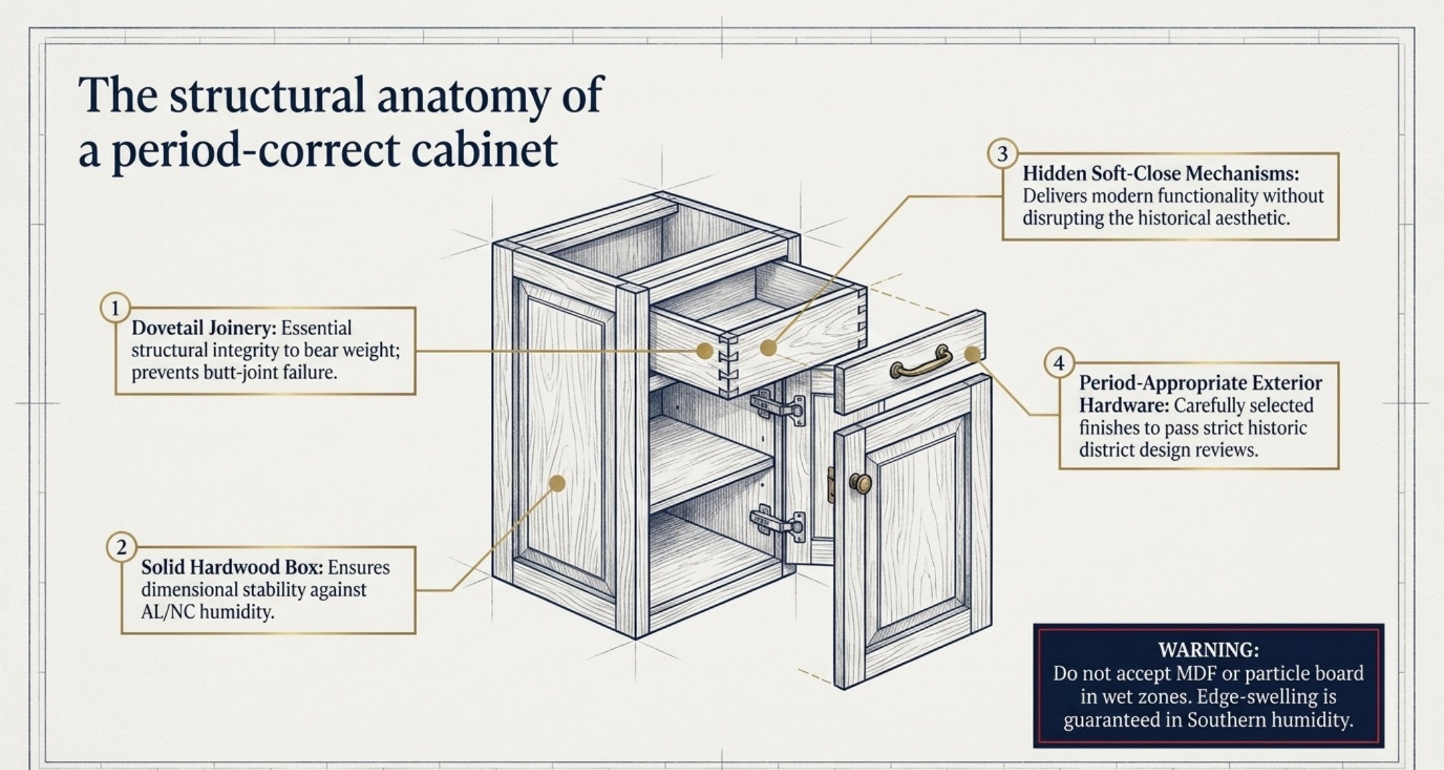 The structural anatomy of a period-correct cabinet slide showing hidden soft-close mechanisms, dovetail joinery, period-appropriate exterior hardware and a solid hardwood box