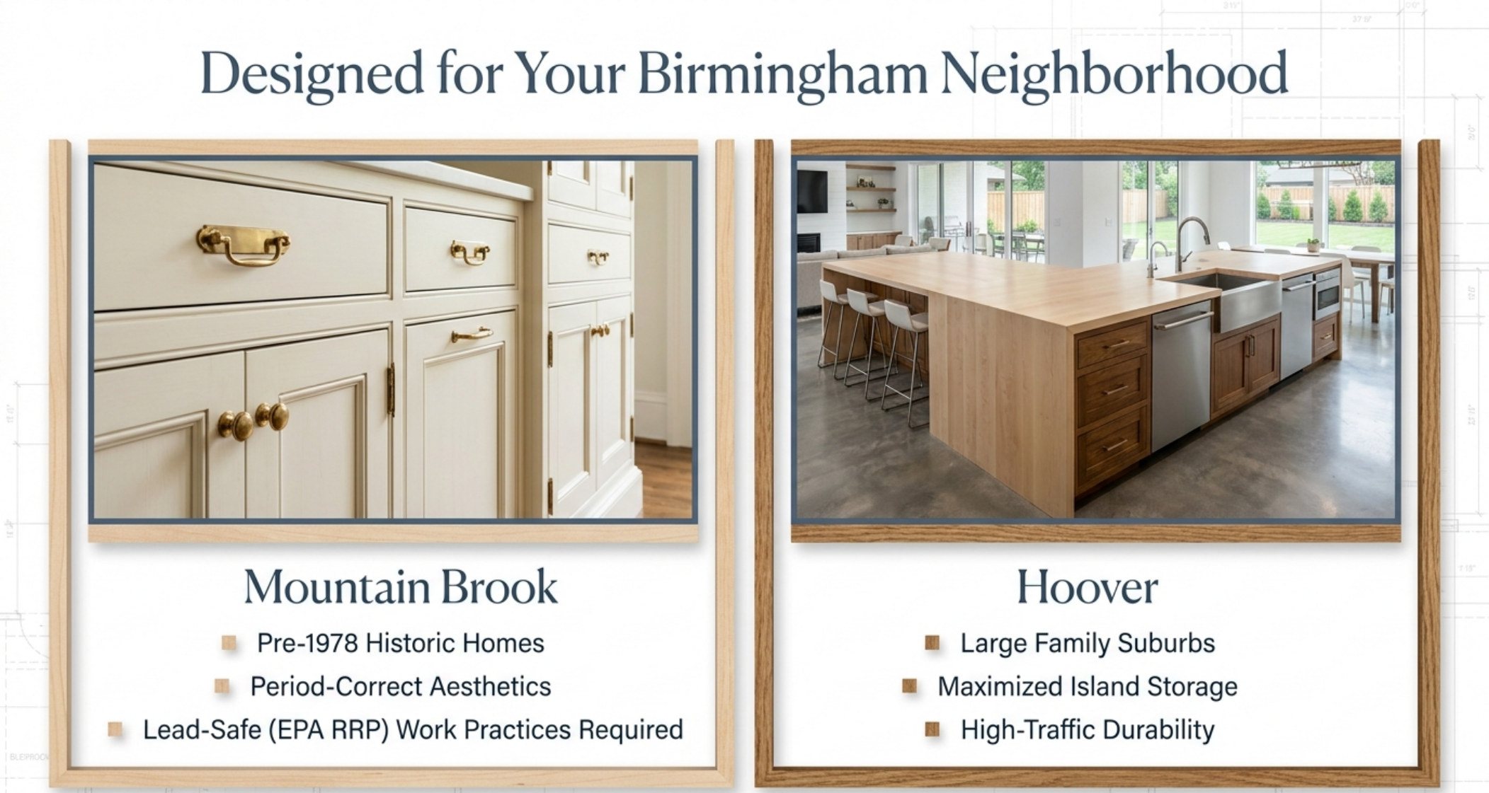 Designed for your Birmingham neighborhood slide comparing Mountain Brook pre-1978 historic homes with Hoover family suburbs