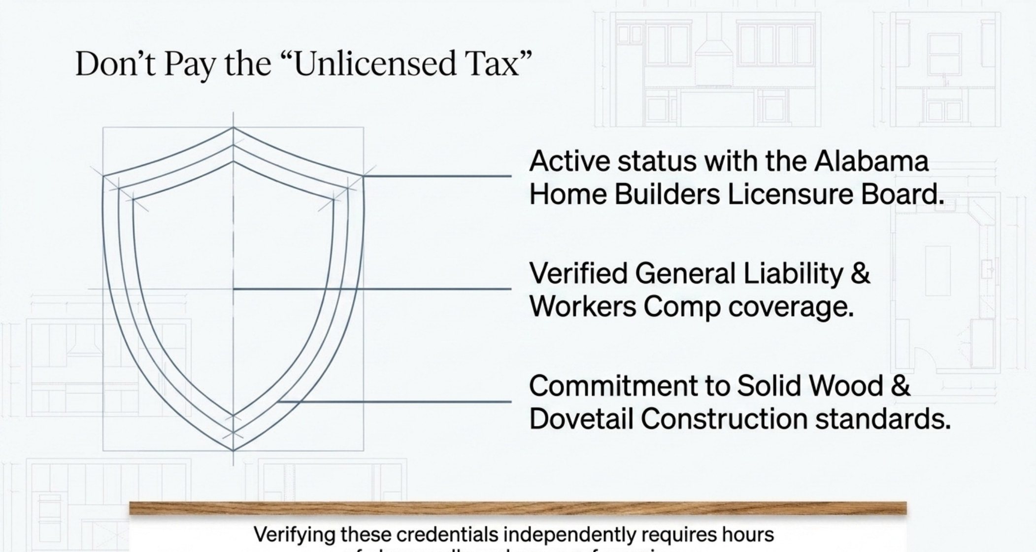Don't Pay the Unlicensed Tax slide listing Alabama Home Builders Licensure Board status, general liability and workers comp coverage, and solid wood dovetail standards